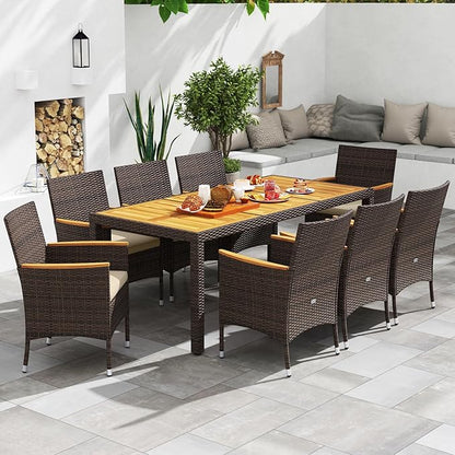 Tangkula 9 Pieces Rattan Outdoor Dining Set for 8, Outdoor Acacia Wood Table Set with 8 Cushioned Wicker Chairs, Umbrella Hole, Patio Dining Furniture Set for Deck Pool Backyard