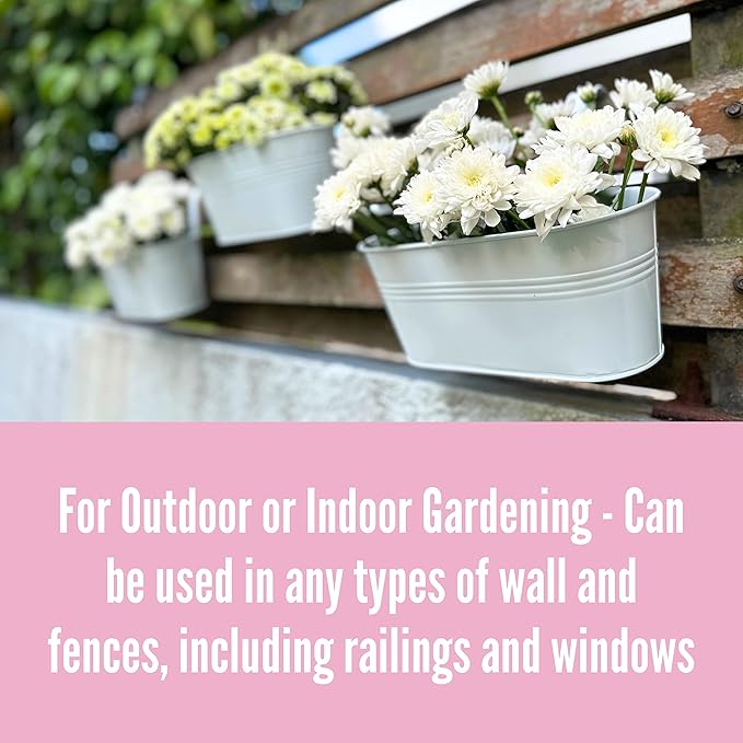LaLaGreen Rail Planter Outdoor (6 Pack, 11.8 Inch) White Metal Iron Hanging Flower Pots Deck Railings Fence Buckets Modern Countryside Boho Style Wall Mount Window Box Plant Holder Hooks Porch Decor