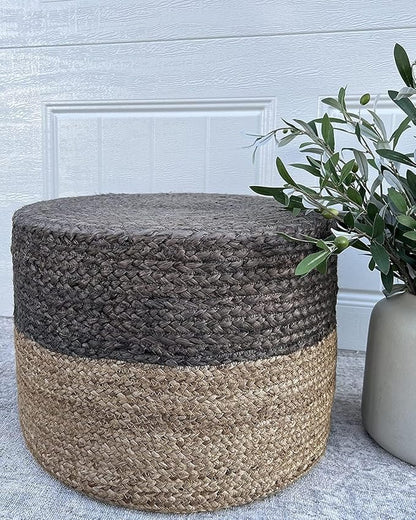 S & L Homes Pouf Ottoman - 100% Jute Braided Footrest Pouf Hand Knitted Traditional Cord Boho Pouffe for Living Room, Bedroom, Nursery, Patio, Lounge Colorblock - Natural Brown (20”x20”x10”)