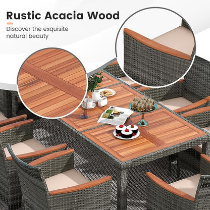 Tangkula 10 Pieces Patio Wicker Dining Set w/Double-Sided Patio Umbrella, Outdoor Acacia Wood Furniture Set w/ 8 Armchairs, 71” Dining Table & 15 ft Umbrella with Weighted Base (Turquoise)