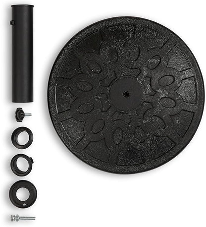 Backyard Expressions 20 lb Round Patio Umbrella Base – Heavy Duty Resin-Coated Calcium Carbonate Stand with Adjustable Pole Adapters Fits 1.5"–2" Poles, Weather-Resistant, Black Finish