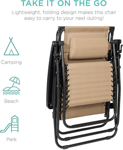 Best Choice Products Folding Zero Gravity Outdoor Recliner Patio Lounge Chair w/Adjustable Canopy Shade, Headrest, Side Accessory Tray, Textilene Mesh - Beige
