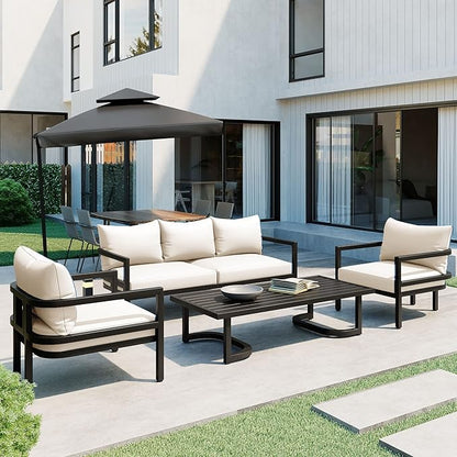 Merax 4 Piece Sectional Furniture Patio Sofa Multi-Person Outdoor Steel Sofa Set, Waterproof, Anti-Rust and Anti-uv, Suitable for Gardens and Lawns，Beige