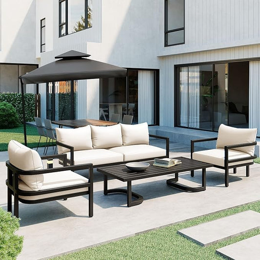 Merax 4 Piece Sectional Furniture Patio Sofa Multi-Person Outdoor Steel Sofa Set, Waterproof, Anti-Rust and Anti-uv, Suitable for Gardens and Lawns，Beige