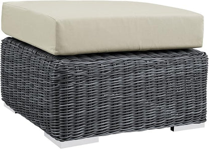 Modway Summon Wicker Rattan Outdoor Patio Sunbrella Square Ottoman in Canvas Antique Beige