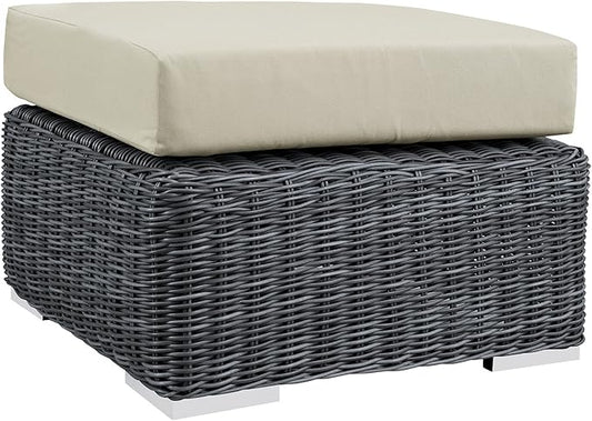 Modway Summon Wicker Rattan Outdoor Patio Sunbrella Square Ottoman in Canvas Antique Beige