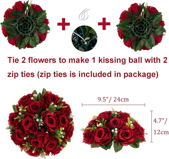 Artificial Flower Ball Centerpieces, Burgundy Silk Roses, 3-in-1 Design
