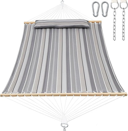 2 Person Hammocks for Outside, Double Quilted Fabric Outdoor Hammock with Spreader Bar, Large Removable Pillow, Storage Pockets, Carabiners, Max 475 lbs Capacity (Peace Dove Grey)