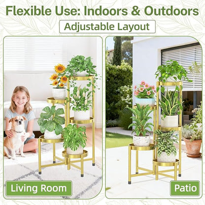 iDavosic.ly Plant Stand Indoor Outdoor, 5 Tier Corner Metal Flower Display Holder Shelf, Easy Assembly Folding Tall Orchid Rack for Patio Balcony Porch Garden Living Room House, Gold