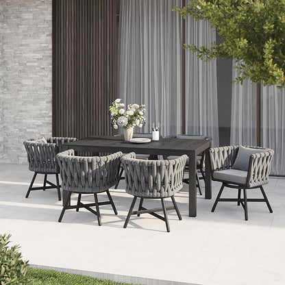 Grand patio 7-Piece Outdoor Dining Set for 6, Patio Dining Furniture Set for 6 Swivel Rope Wicker Chairs & 1 Straight Legs Rectangular Dining Faux Woodgrain Table with Umbrella Hole, Dark Gray