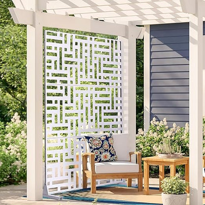 VEVOR Metal Privacy Screen, 47" W x 76" H Outdoor Privacy Screens 3-Panel, Freestanding Outdoor Divider with Stand, Decorative Garden Steel Privacy Fence for Balcony Patio Indoor Room Hot Tub White