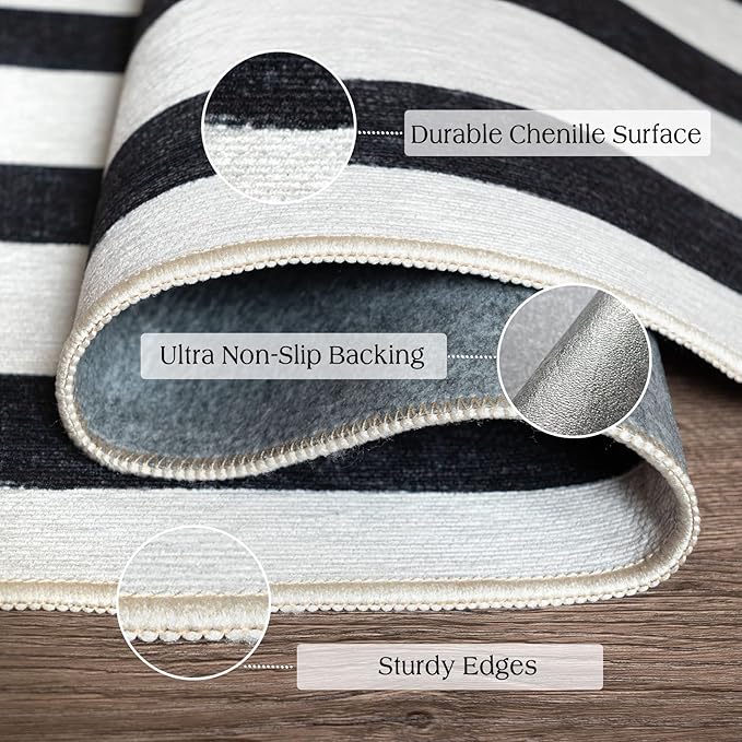 Outdoor Rug Door Mat, Black and White Stripe, 2 x 4.3 ft