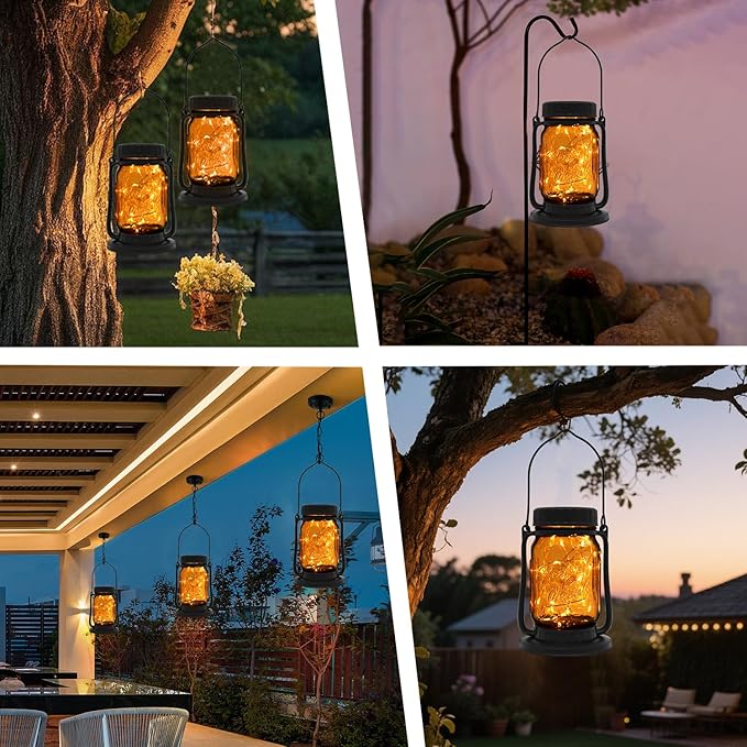 Solar Lanterns, Brown Glass Mason Jar Style, 30 Warm White Lights
