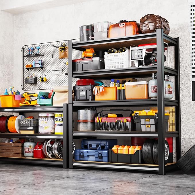 Set of 2 Garage Shelving Heavy Duty Storage Shelves, Metal Adjustable Shelving Unit, Utility Garage Organizer Shelf for Basement, Pantry, Kitchen, Warehouse, 17.7" Dx45.6 Wx71.2 H, Black