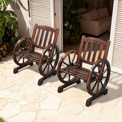 VINGLI Rustic Wooden Patio Chair with Wagon Wheel Armrests, Outdoor Dining Chairs Solid Wood Frame Seating for Farmhouse Garden Porch Lawn Balcony (Rustic, Chair)