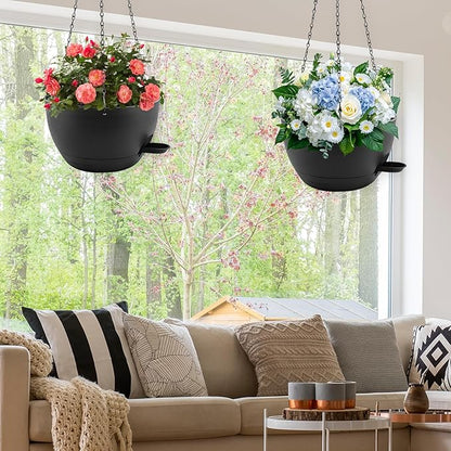 12 inch Hanging Planters for Indoor Plants, 2 Pack Self-Watering Hanging Planter Pots with Chain and Drainage Holes, Outdoor Plastic Hanging Baskets for Garden Home Decor (Black, 2pcs/12inch)