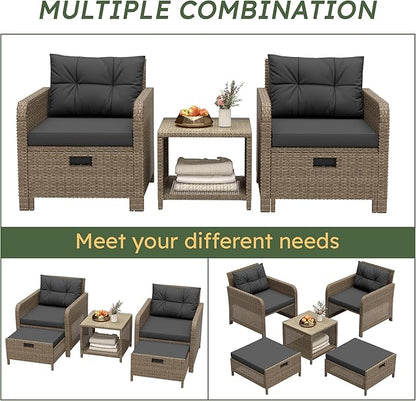 LHBcraft Balcony Furniture 5 Piece Patio Conversation Set, PE Wicker Rattan Outdoor Lounge Chairs with Soft Cushions 2 Ottoman-Glass Table for Porch