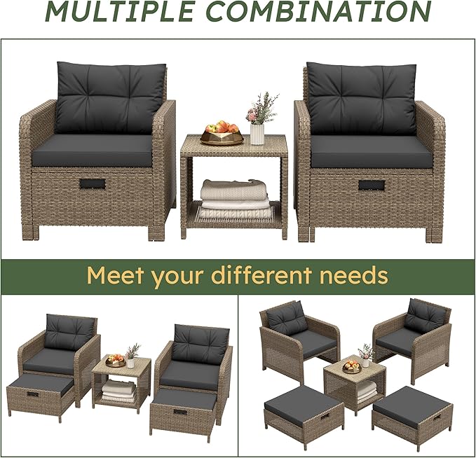 LHBcraft Outdoor Furniture 5 Piece Patio Conversation Set, PE Rattan Patio Set with Soft Cushions & Coffee Table, Outside Furniture with Hidden Ottoman for Porch, Lawn, Garden, Balcony, Black