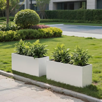 Galvanized Steel Garden Planter 36” x 12” x 16” White Metal Planter Box Modern Metallic Heavy Planter Indoor & Outdoor, Commercial & Residential (White, L36 x W12 x D16)