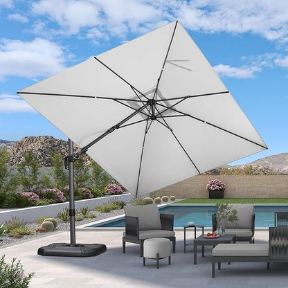 PURPLE LEAF 9' X 12' Right-left Tilt Patio Umbrella with Base Outdoor Cantilever Swivel Rectangle Umbrella Aluminum Offset Umbrella with 360-degree Rotation for Garden Deck Pool Patio White
