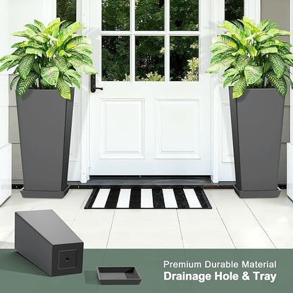 Set of 2 Tall Planters with Drainage Tray, 24 Inch Large Flower Pots for Indoor Outdoor Plants Mordern Planter Weather-Resistant for Patio, Front Door Decor, Garden (Gray)