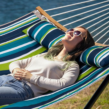 Hammock with Stand for Outside, Double Hammock with Stand, Pillow and Portable Bag, 450 Lbs Capacity, Green Blue Stripes