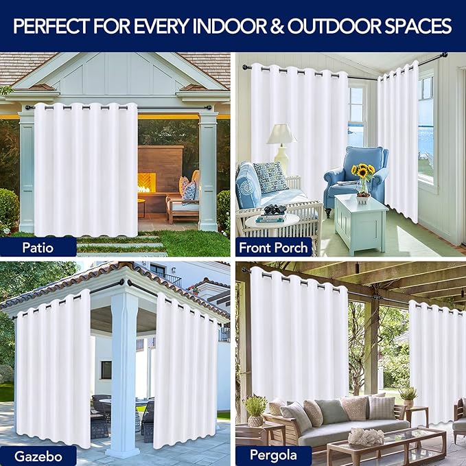 PureFit Outdoor Curtains for Patio Waterproof Weatherproof, UV and Fade Resistant Outside Curtains for Gazebo, Front Porch, Pergola, Sun Blocking Privacy Curtain, 100W x 84L inch, 1 Panel, White