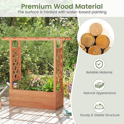 Giantex Set of 2 Raised Garden Bed with 2-Sided Trellis & Hanging Roof, Fir Wood Planter Box w/Drainage Holes, Freestanding Garden Planter for Flowers Herbs Climbing Vines (43"x15"x45")