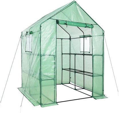Aoodor Walk-in Greenhouse with 8 Shelves, 4.7 × 4.7 × 6.4 ft Outdoor Garden Plant House with PE Cover for Growing Vegetables, Flowers, Herbs