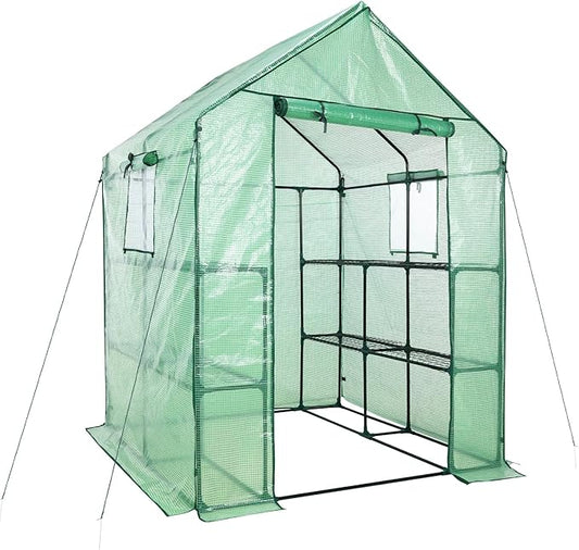 Aoodor Walk-in Greenhouse with 8 Shelves, 4.7 × 4.7 × 6.4 ft Outdoor Garden Plant House with PE Cover for Growing Vegetables, Flowers, Herbs