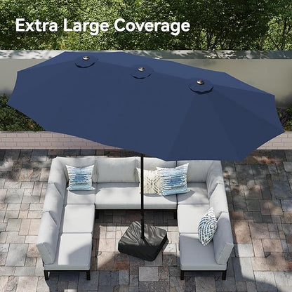 PHI VILLA 15ft Large Patio Umbrellas with Base Included, Outdoor Double-Sided Rectangle Market Umbrella with Crank Handle, for Pool Lawn Garden, Navy Blue