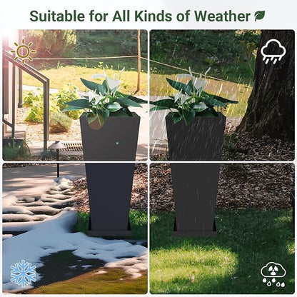 Tall Planters 28" H - 2 Pack, Tapered Pots with Drainage Insert Shelve & Trays, Metal Outdoor Planter Box for Porch, Garden, Patio, Yard (Black)
