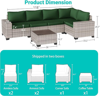 6-Piece Outdoor Patio Furniture Set Wicker Sectional Sofa Set, Patio Conversation Set with Thickened Cushions & Coffee Table for Garden, Backyard, Poolside, Green