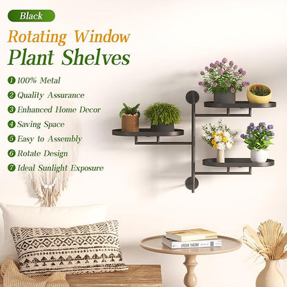 Window Sill Rotating Plant Stand Shelf Indoor Black Metal Floating Shelves 3-Tier Wall Mount Plant Holders for Living Room Wall Planter Modern Home Decor for Gardening
