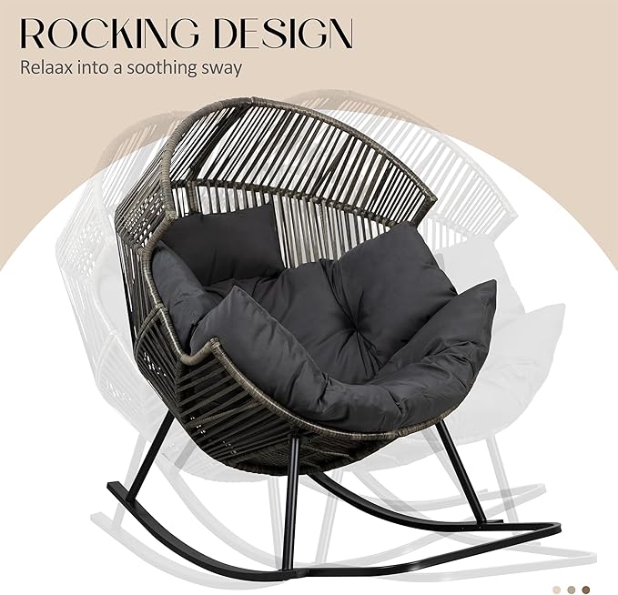 JAMFLY Egg Chair Rocking Chairs, Wicker Patio Chair Oversized Lounger Chair with Cushion for Indoor Living Room Bedroom Outdoor Patio Backyard Balcony Garden, Dark Gray