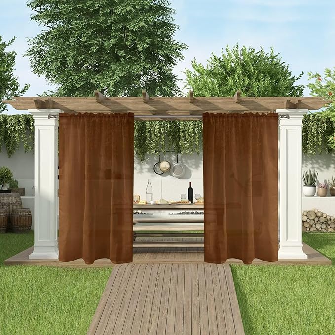 SpaceDresser Waterproof Outdoor Sheer Curtains for Patio - 2 Panels Rod Pocket Indoor Voile Sheer Curtain for Living Room,52W x 84L inch, Brown