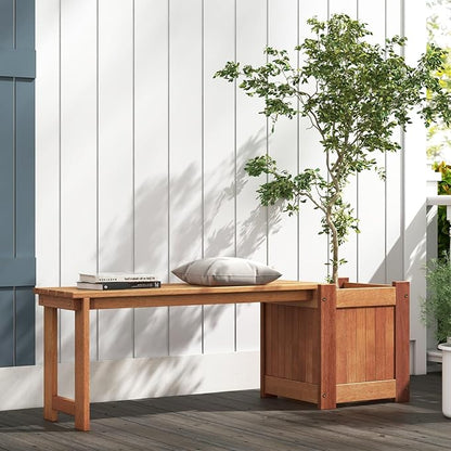 Giantex 2-in-1 Outdoor Bench with Raised Garden Bed, Wood Seat with Teak Oil Finish, Planter Box with Open-Ended Base, Garden Bench Seat for Porch Balcony Lawn Yard, DIY Assembly