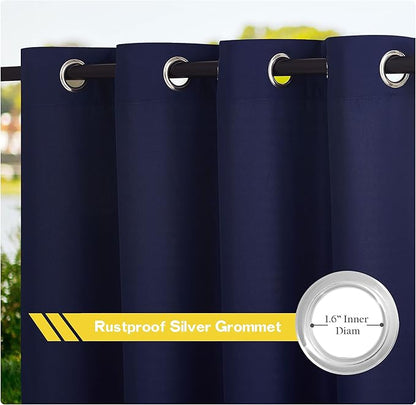 NICETOWN Outdoor Curtains for Patio Waterproof Extra Long W55 x L108 Inch, Thermal Insulated Stainless Steel Grommet Privacy Vertical Drapes for Porch/Yard, Set of 2, Navy Blue