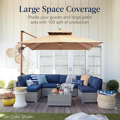 Best Choice Products 10ft Square Cantilever Patio Umbrella w/Base Included, Woodgrain Pattern Pole & Solar LED Lights, 360-Rotation, Offset Hanging Outdoor Shade - Navy Blue