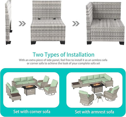 10-Piece Outdoor Patio Furniture Set with Rocking Swivel Chair, PE Wicker Rattan Sectional Sofa Patio Conversation Set with 55,000 BTU Fire Pit Table & Coffee Table, Light Green
