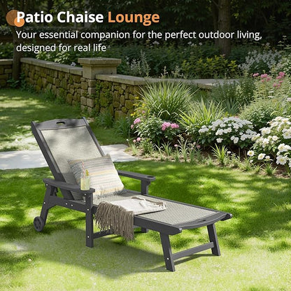 LUE BONA Chaise Lounge Chair Outdoor Set of 4, HDPS and HDPE Wicker Material, Patio Lounge Chair with Adjustable Backrest, Resin Pool Lounge Chairs with Wheels for Backyard, Poolside and Deck