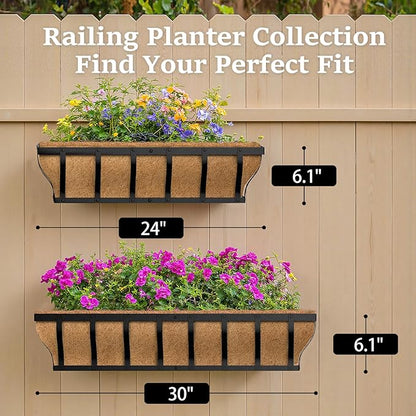 Railing Planter Boxes, Heavy Duty Window Box Planters, Adjustable Balcony Planters for Railing Hanging, with Coco Liner & Support Rod for Deck, Porch, and Patio Gardening (2 Pack, 24 Inch)