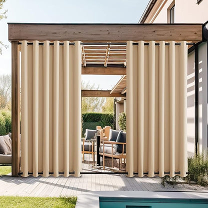 NICETOWN 2 Panels Outdoor Curtains Extra Wide Waterproof & Windproof, Rustproof Top & Bottom Grommet Thermal Insulated Weighted Blackout Heat & Voice Reducing for Patio, W84 x L84, Biscotti Beige