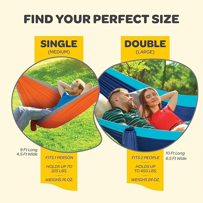 Durable Hammock 500 lb Capacity, Nylon Camping Hammock Chair - Double or Single Sizes w/Tree Straps and Attached Carry Bag - for Travel/Backpacking/Beach/Backyard (Large, Light Grey & Sky Blue)