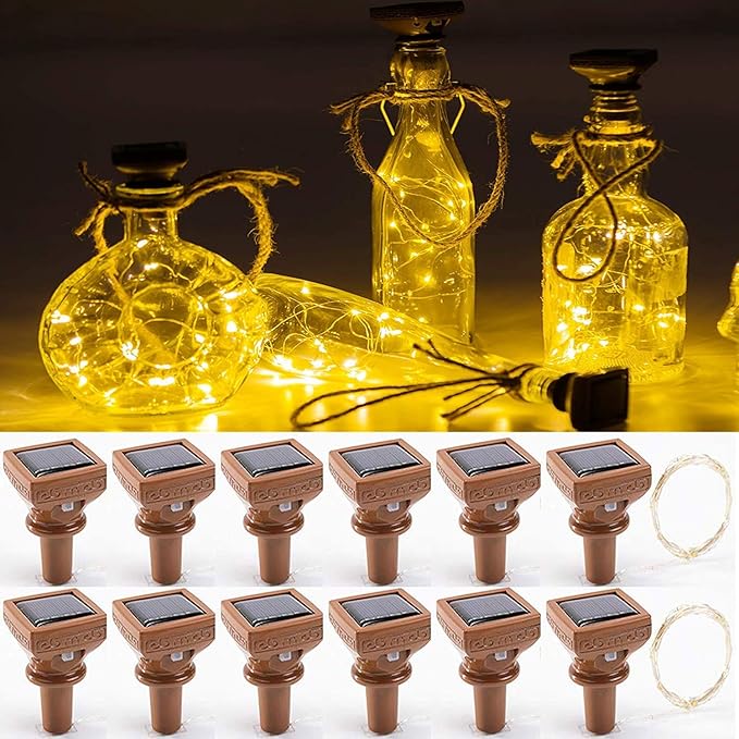Solar Wine Bottle String Lights, 12 Pack, Warm White, IP65 Waterproof