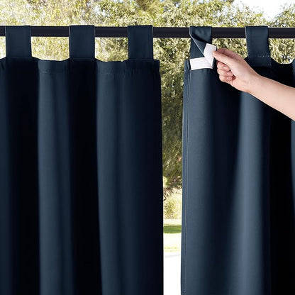 NICETOWN 2 Panels Navy Blue Outdoor Curtainss for Patio Waterproof, Self-Stick Detachable Tab Top Blackout Thermal Insulated Public Dividers Vertical Drapes for Front Porch & Canvas, W52 x L84