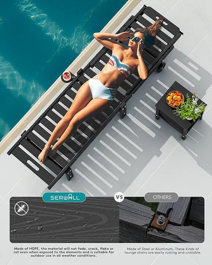 SERWALL Outdoor Chaise Lounge Set of 6, HDPE Pool Lounge Chair with 5-Position Adjustable Backrest, Patio Lounger with Rolling Wheels & Cup Holder for Pool, Black