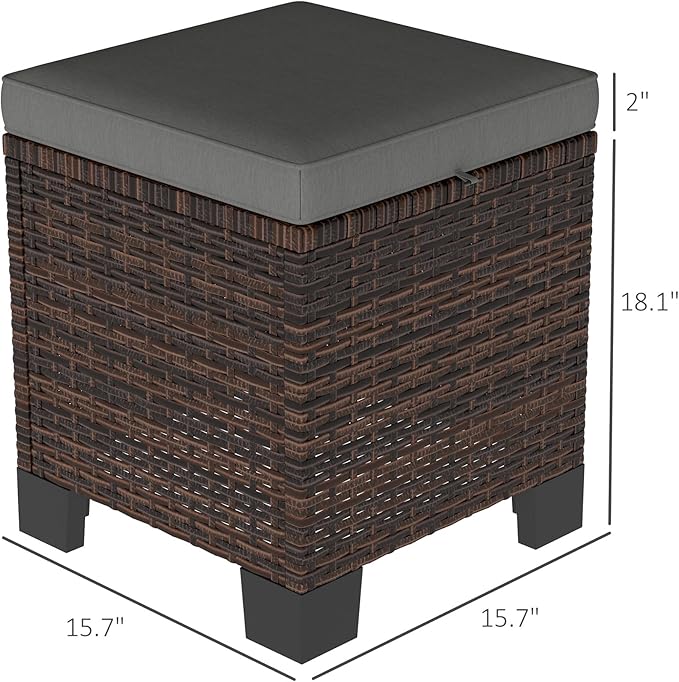 Outsunny 2 Pieces Outdoor Patio Ottomans, All Weather Wicker Outdoor Footstools with Removable Cushions, 3-in-1 PE Rattan Ottoman Seat, Footrest and Side Table for Backyard, Poolside, Gray