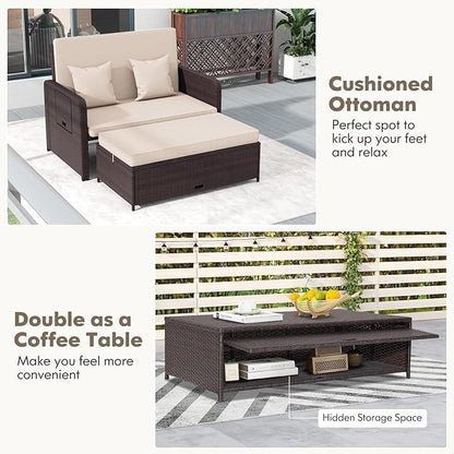 Nightcore Wicker Patio Outdoor Daybed, Outdoor Chaise Lounger w/ 4-Level Adjustable Backrest, Retractable Side Trays, Storage Ottoman, Comfortable & Removable Cushions, Rattan Loveseat (Beige)