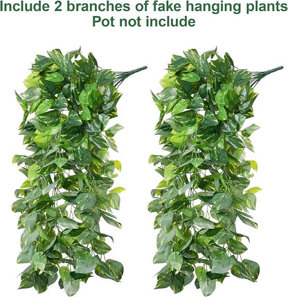 Faux Outdoor Plants Fake Hanging Plants for Outdoors Outside Decorations, 2 Pcs Green Faux Pothos Plant Vines Realistic UV Resistant Artificial Greenery for Planters Porch Garden Yard Front Door Patio